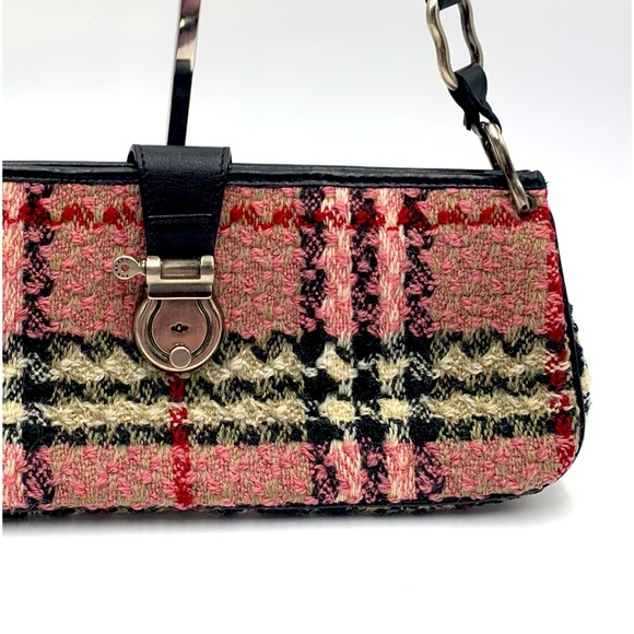 Auth Burberry Pink Boucle Wool Nova Check Plaid Lock Key Shoulder Bag Ex++ - Picture 6 of 12